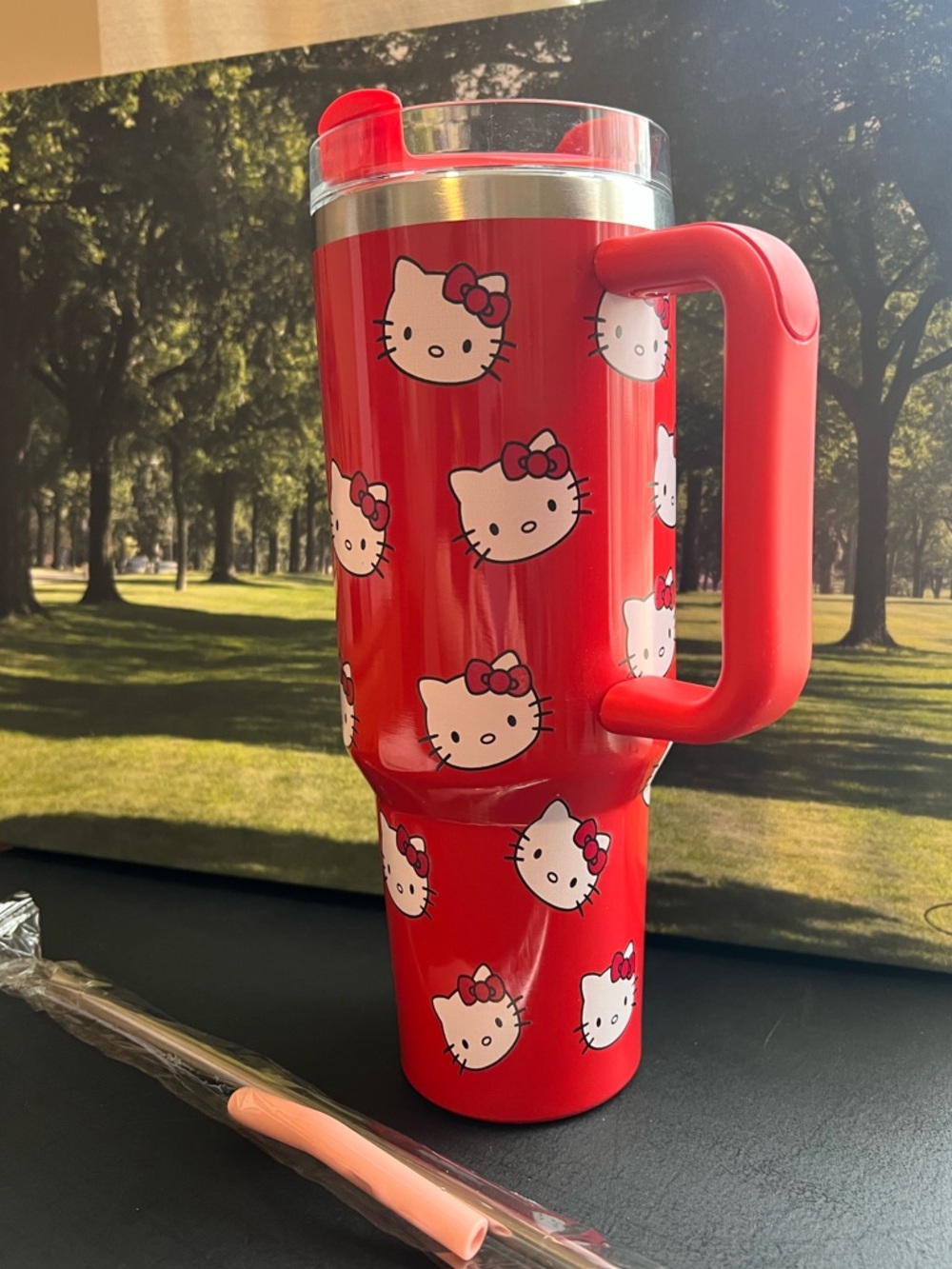 Hello Kitty Travel Tumbler Mug Red w Handle Straw 40oz Style NIB - Picture 3 of 6